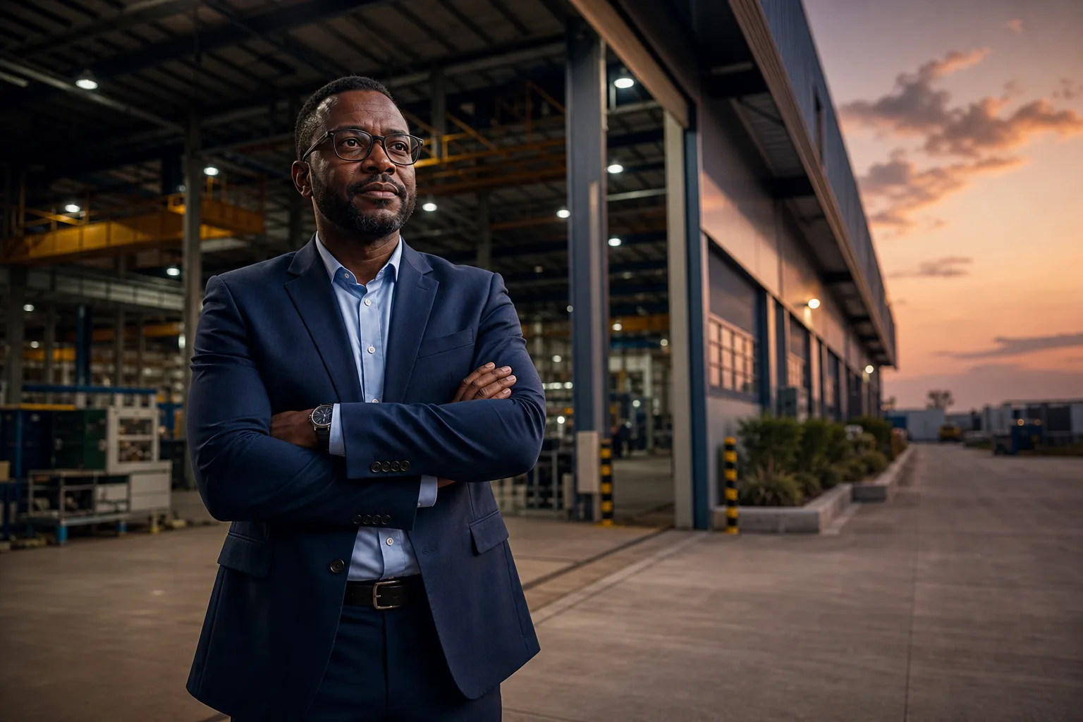 African manufacturing founder standing near an industrial facility