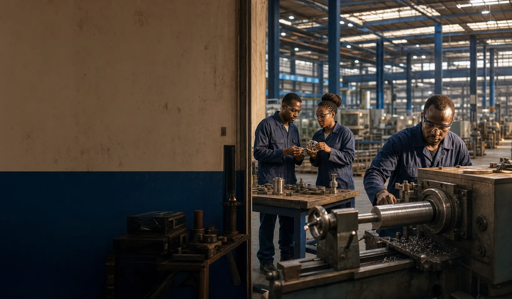 African manufacturing workers in a workshop with a larger factory visible beyond