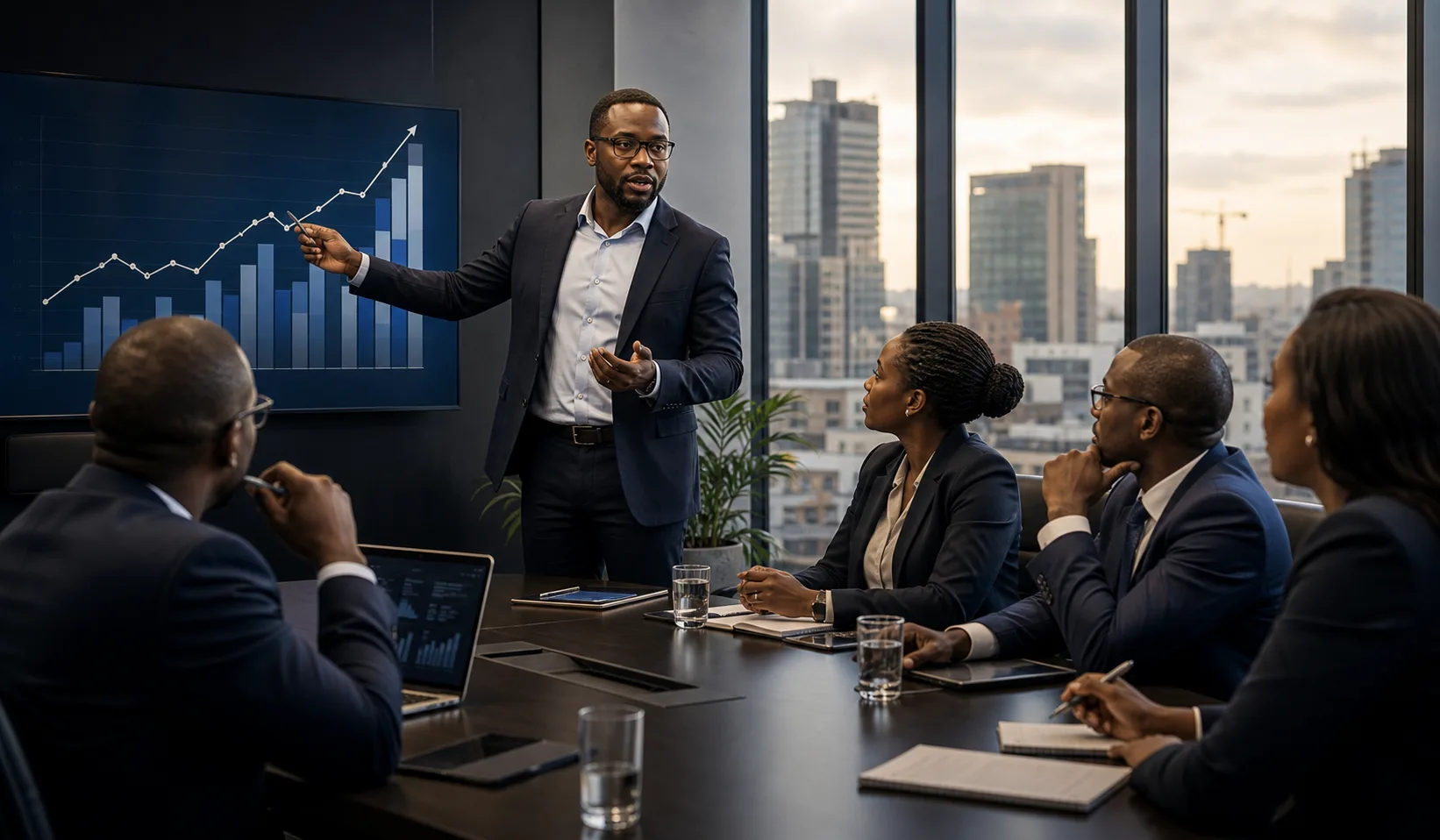 Consultant presenting a growth strategy to manufacturing leaders